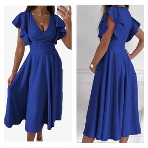 Blue Mock Wrap Bodice Short Ruffle Sleeves A-line Midi Dress